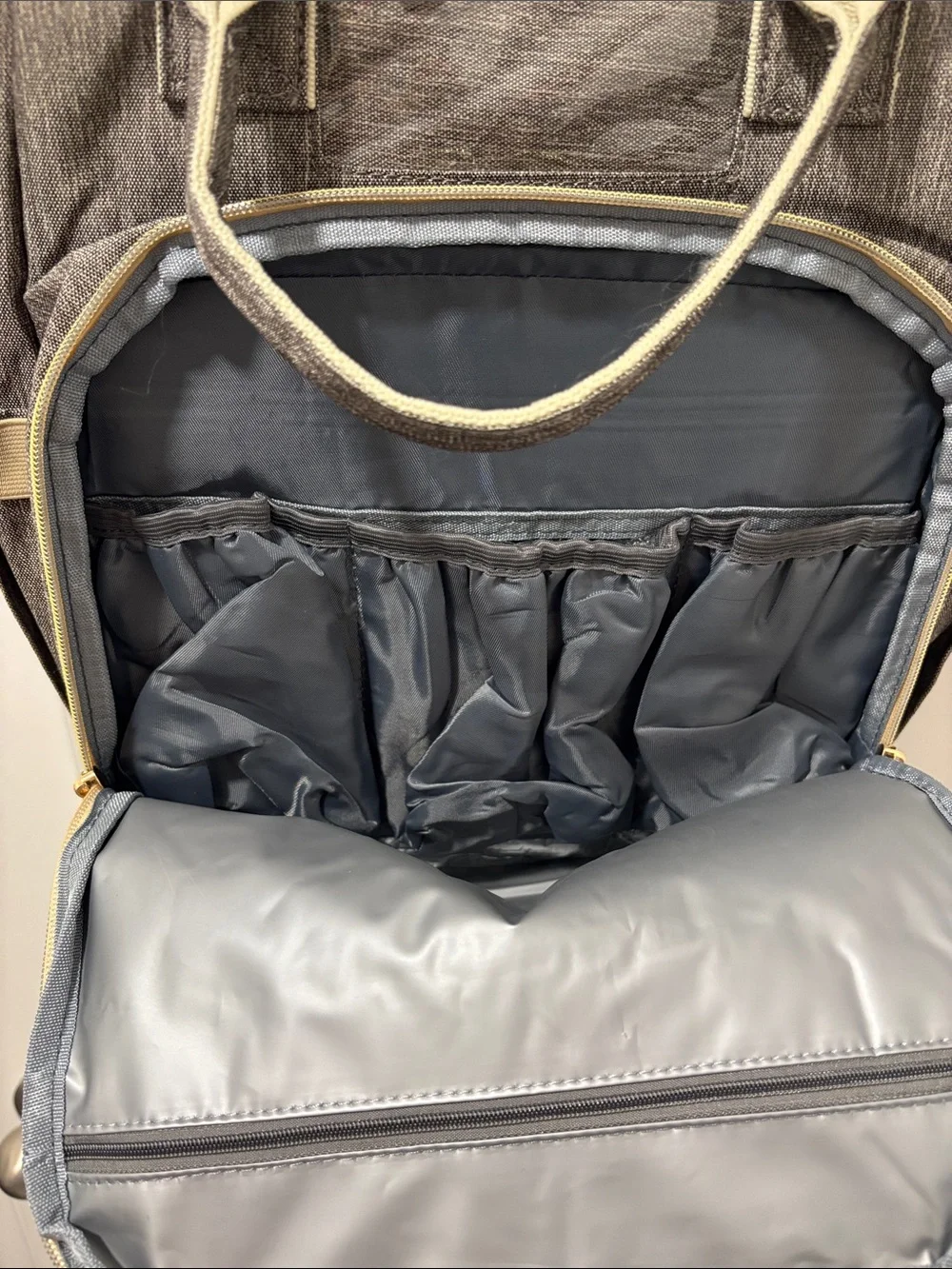Versatile Women's Baby Bag Backpack in Gray with Cream Trim